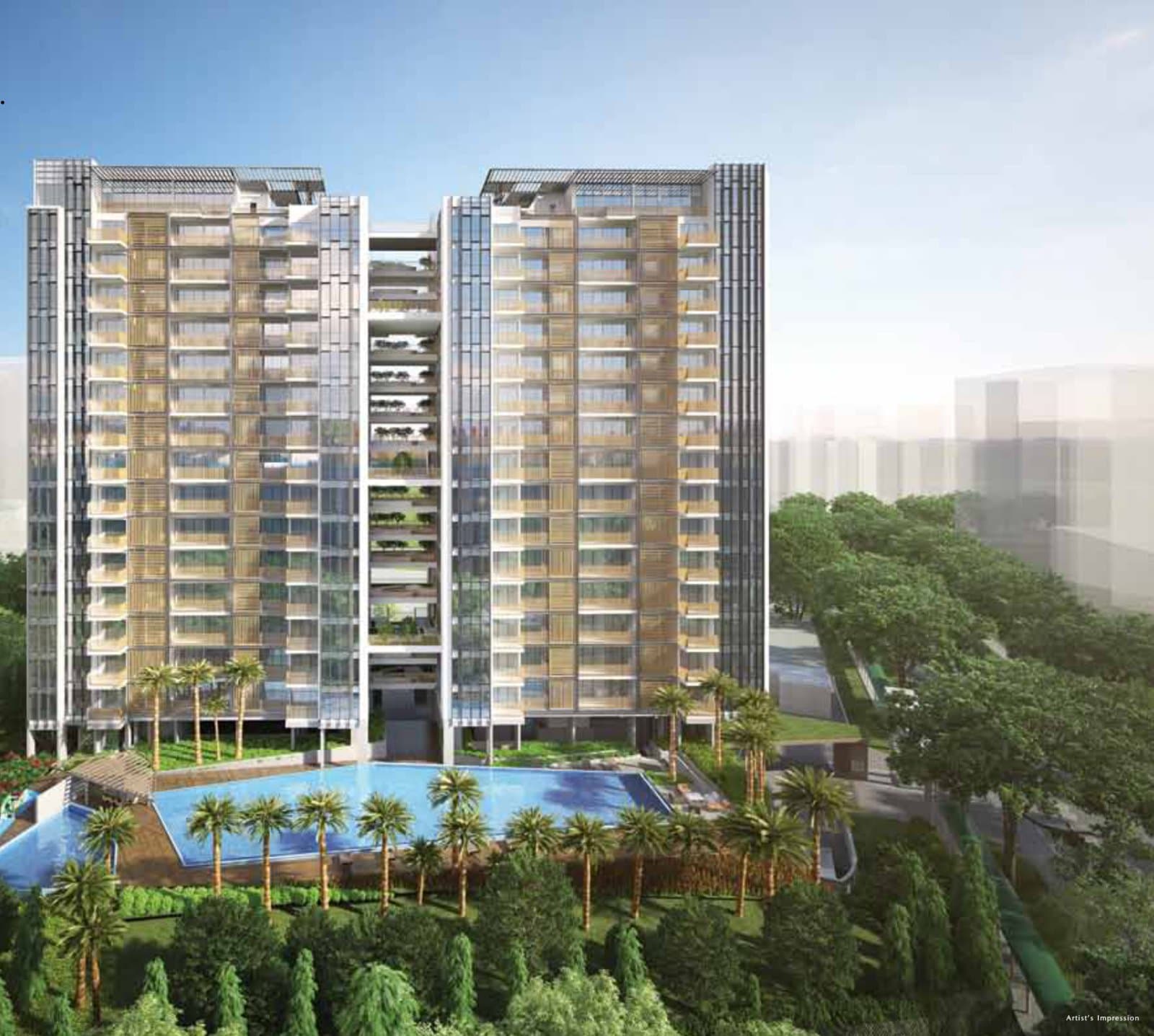 Tre Residences: the two 17-storey blocks above the pool