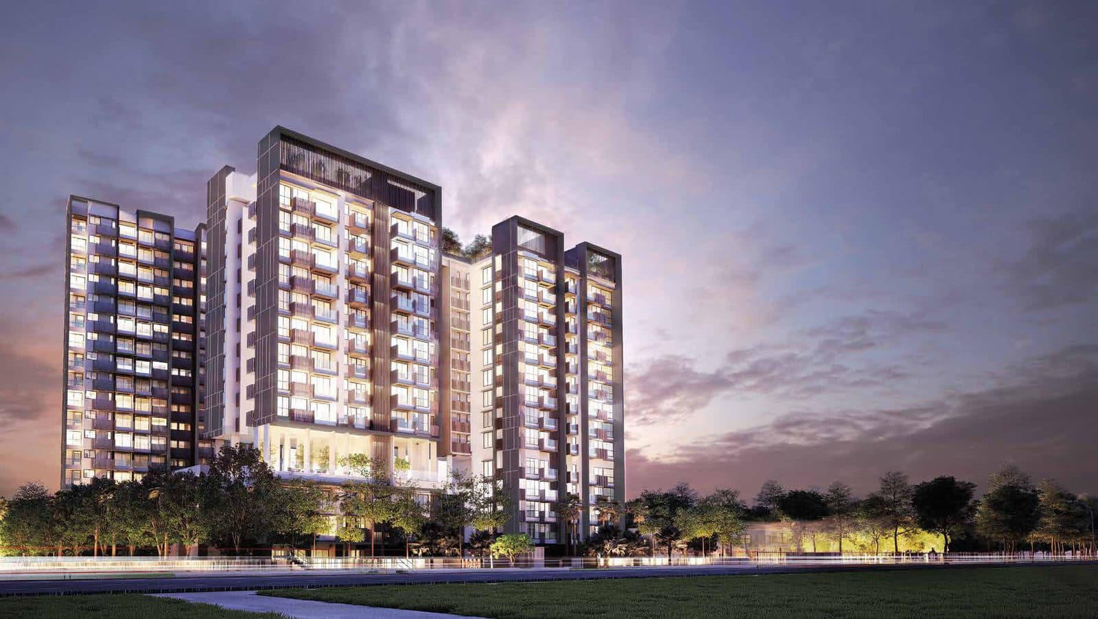 Artist's impression of Trilive at dusk: three residential blocks of 13 to 18 storeys behind a line of trees