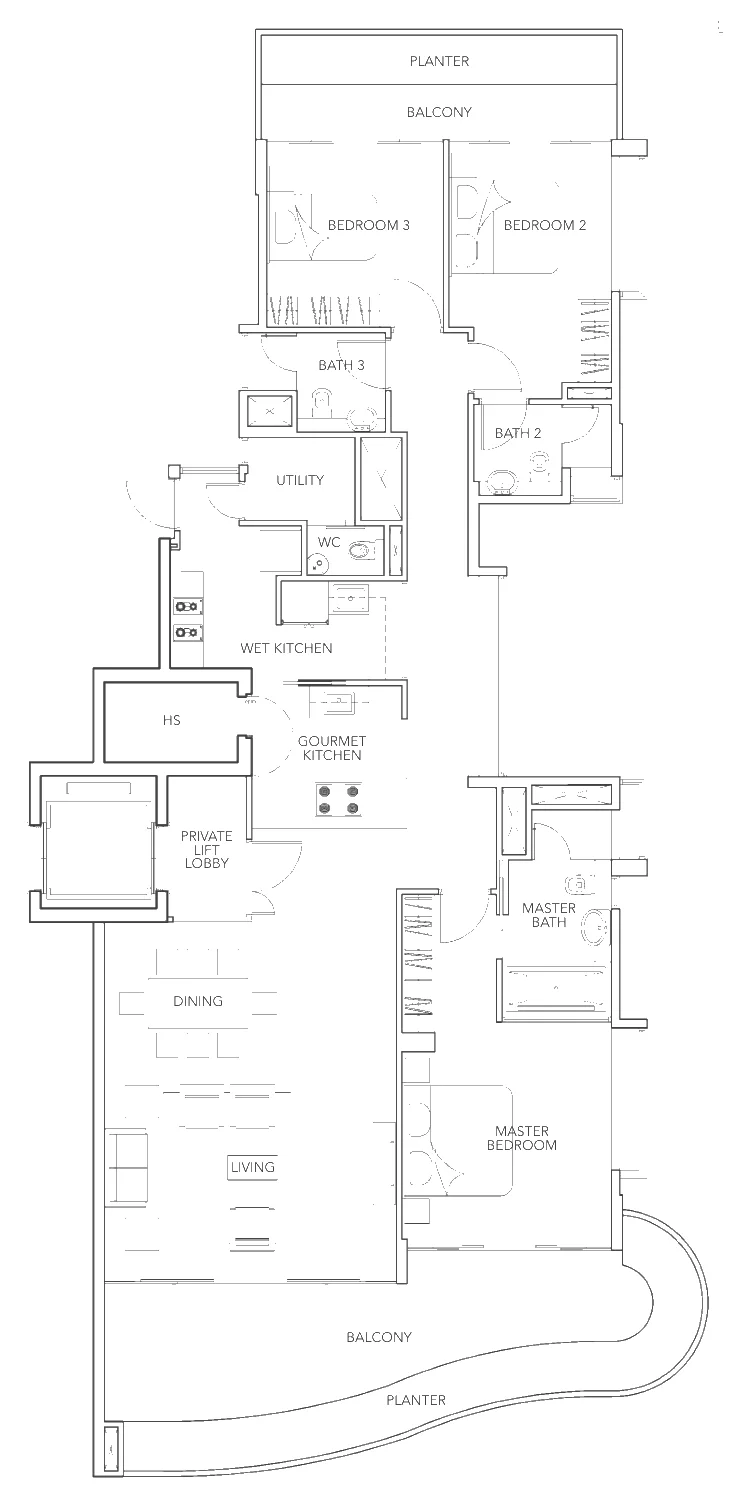 Floor plan of Turquoise type A1d, 3-Bedroom, 2,185 sq ft