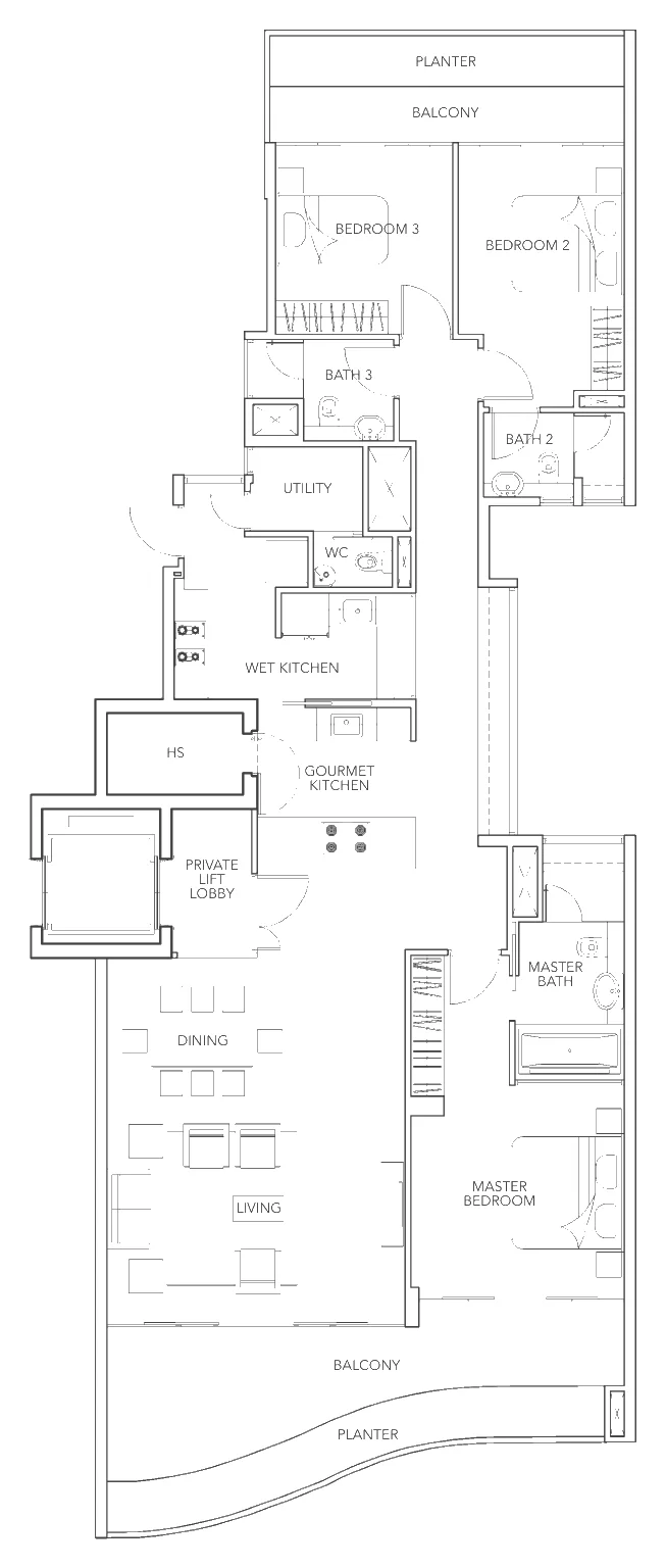 Floor plan of Turquoise type A1e, 3-Bedroom, 2,099 sq ft