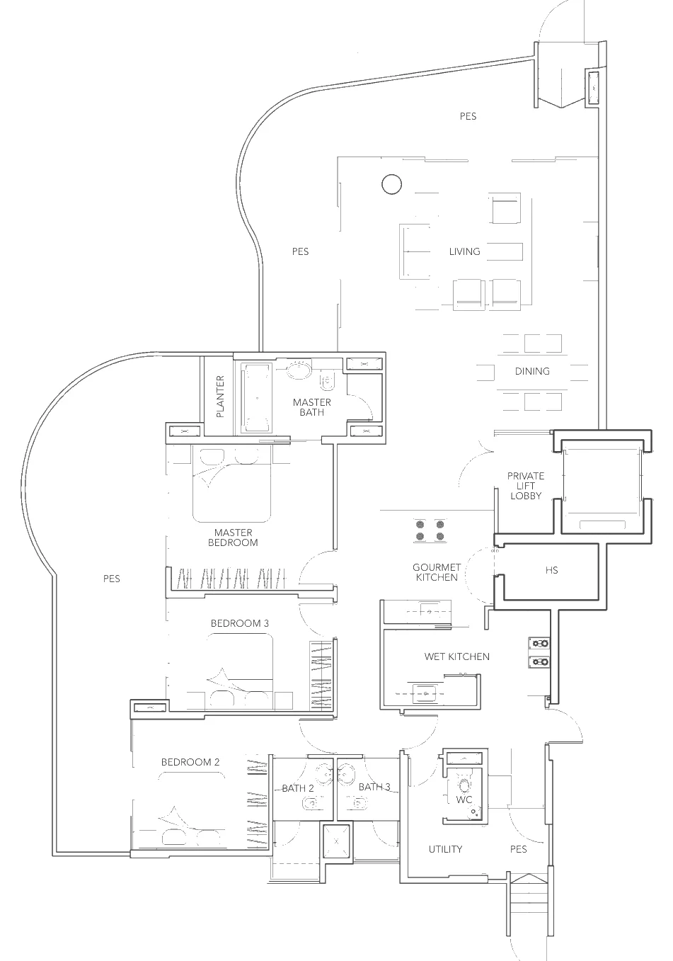 Floor plan of Turquoise type A2-g, 3-Bedroom, 2,573 sq ft