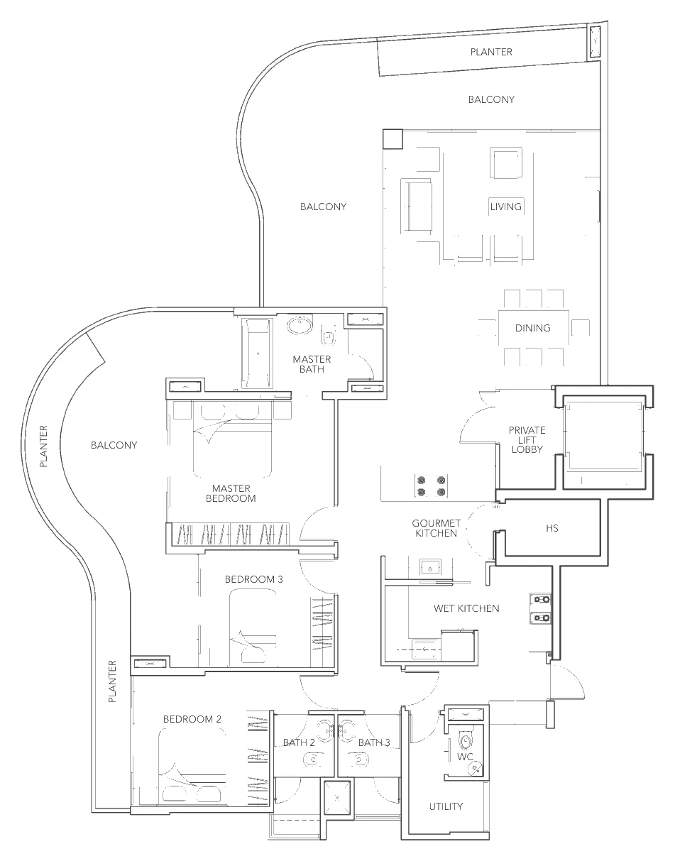 Floor plan of Turquoise type A2, 3-Bedroom, 2,411 sq ft