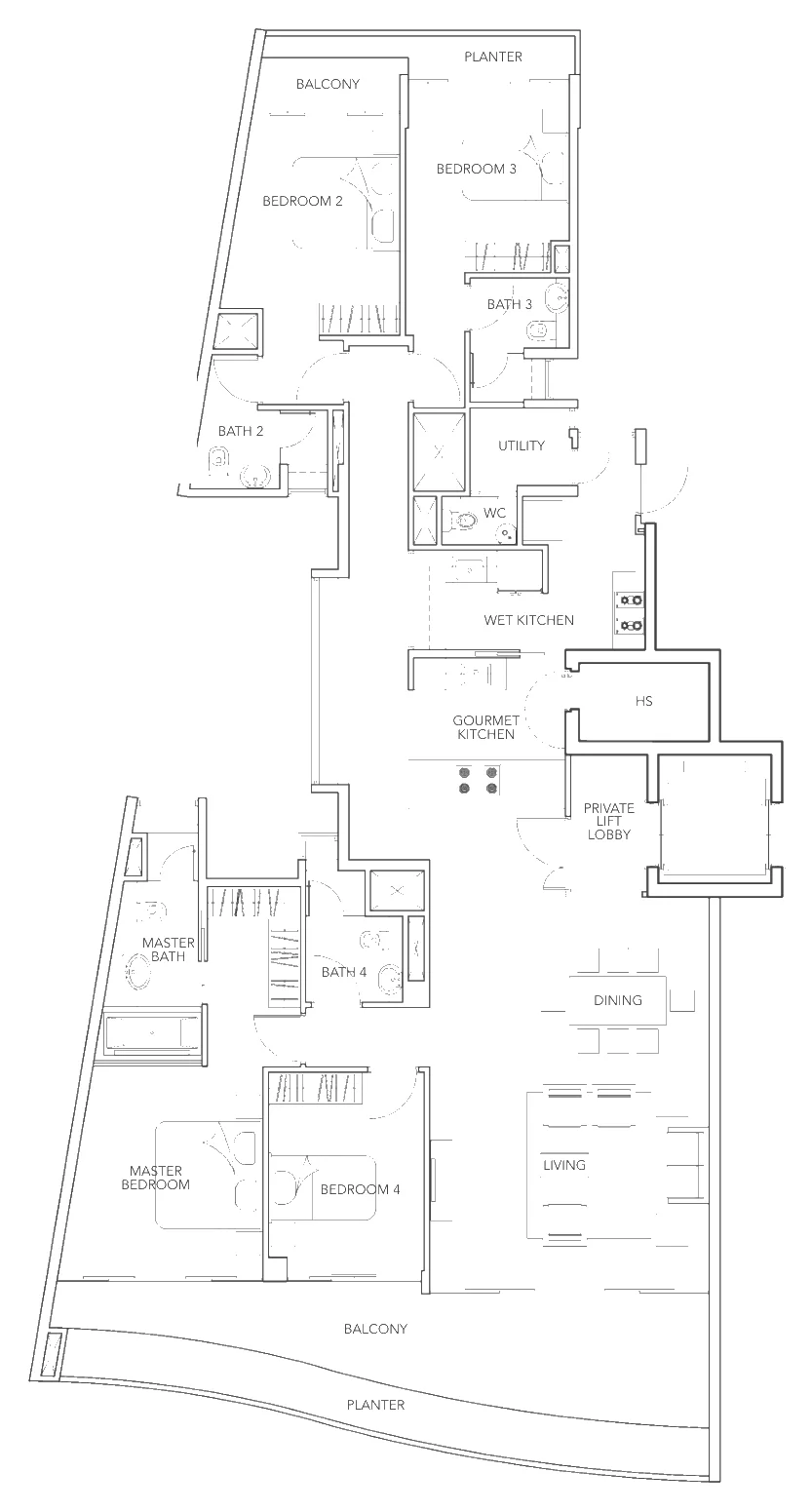 Floor plan of Turquoise type B1a, 4-Bedroom, 2,400 sq ft