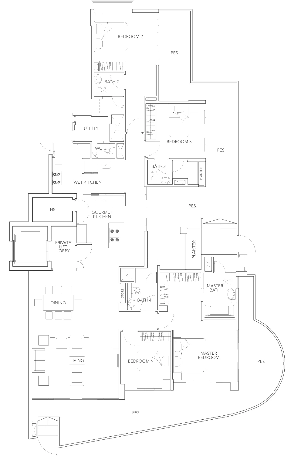 Floor plan of Turquoise type B2-g, 4-Bedroom, 3,035 sq ft
