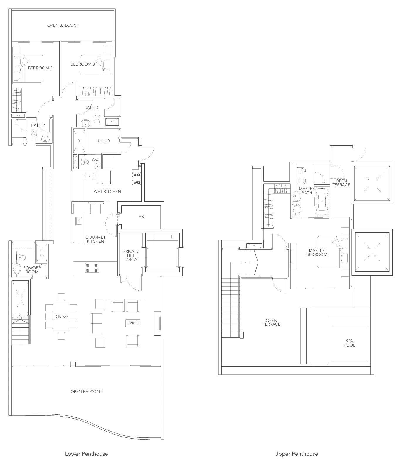 Floor plan of Turquoise type P1, Penthouse (3 or 4 bedrooms, two levels), 3,111 sq ft