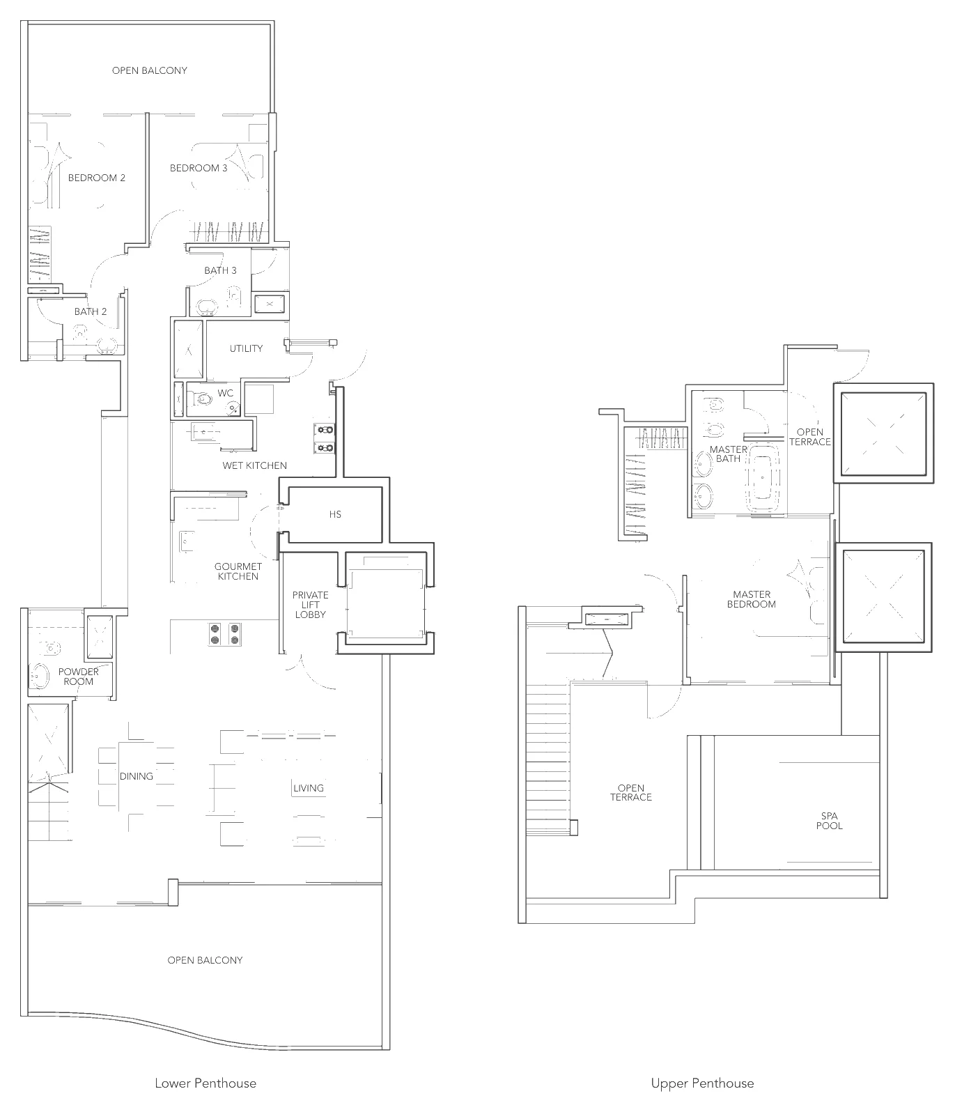 Floor plan of Turquoise type P1a, Penthouse (3 or 4 bedrooms, two levels), 3,186 sq ft