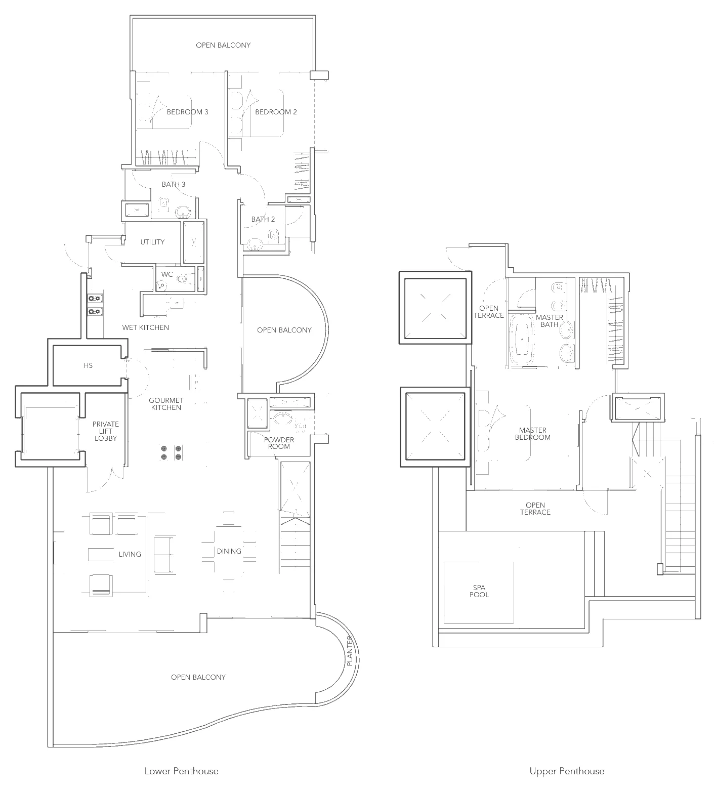Floor plan of Turquoise type P1b, Penthouse (3 or 4 bedrooms, two levels), 3,283 sq ft