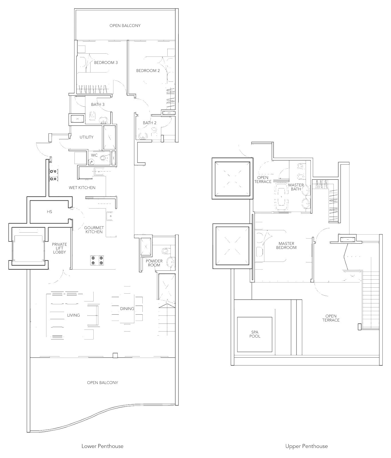 Floor plan of Turquoise type P1c, Penthouse (3 or 4 bedrooms, two levels), 3,122 sq ft