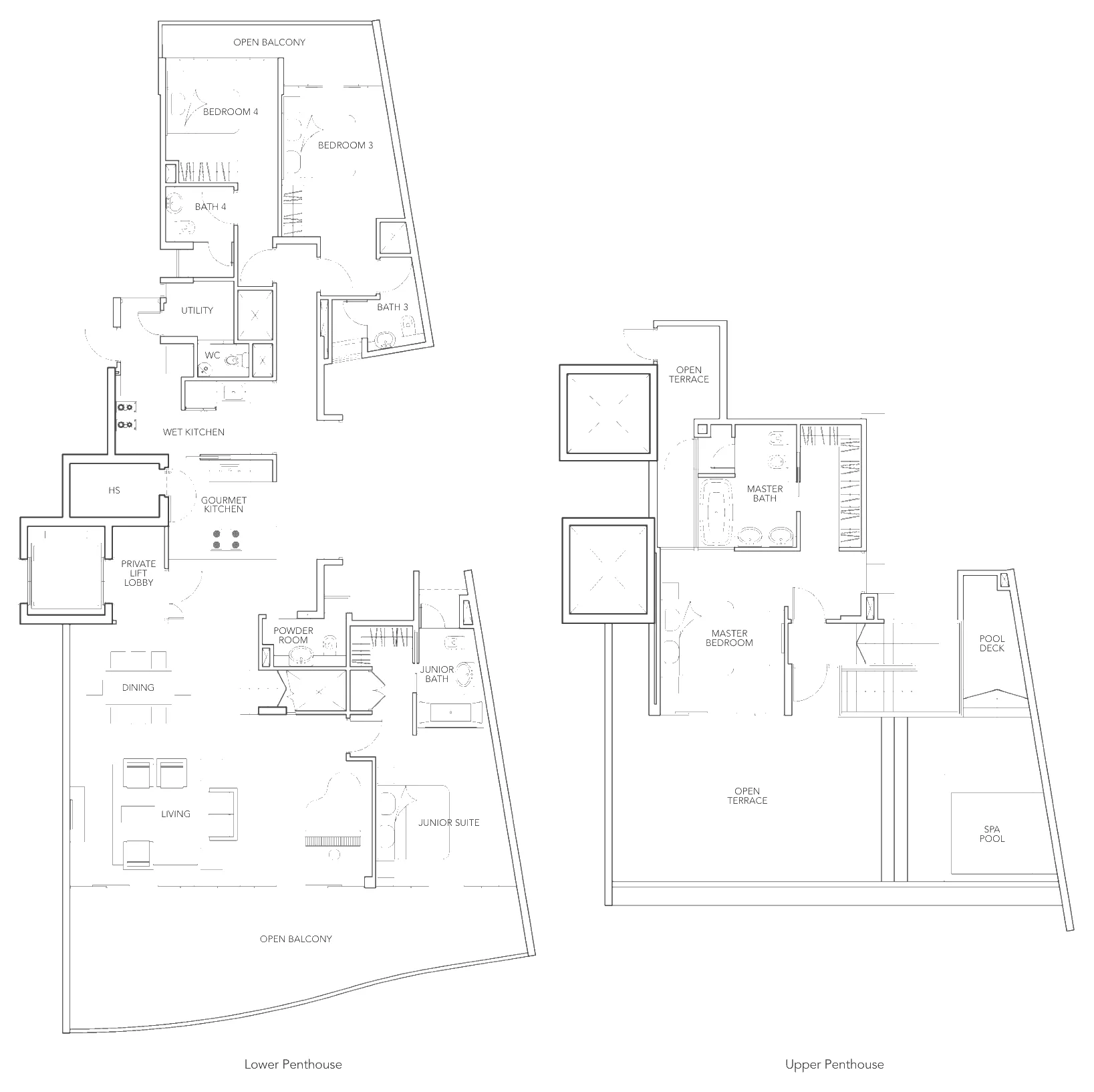Floor plan of Turquoise type P2, Penthouse (3 or 4 bedrooms, two levels), 3,746 sq ft