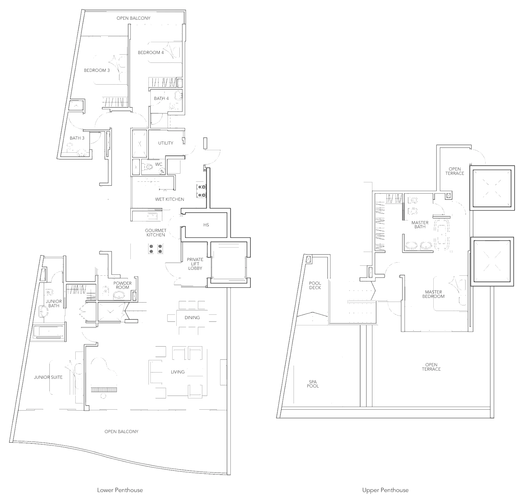 Floor plan of Turquoise type P2a, Penthouse (3 or 4 bedrooms, two levels), 3,724 sq ft