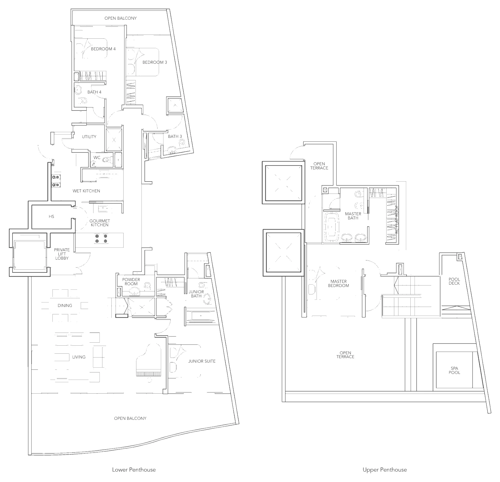 Floor plan of Turquoise type P2b, Penthouse (3 or 4 bedrooms, two levels), 3,735 sq ft
