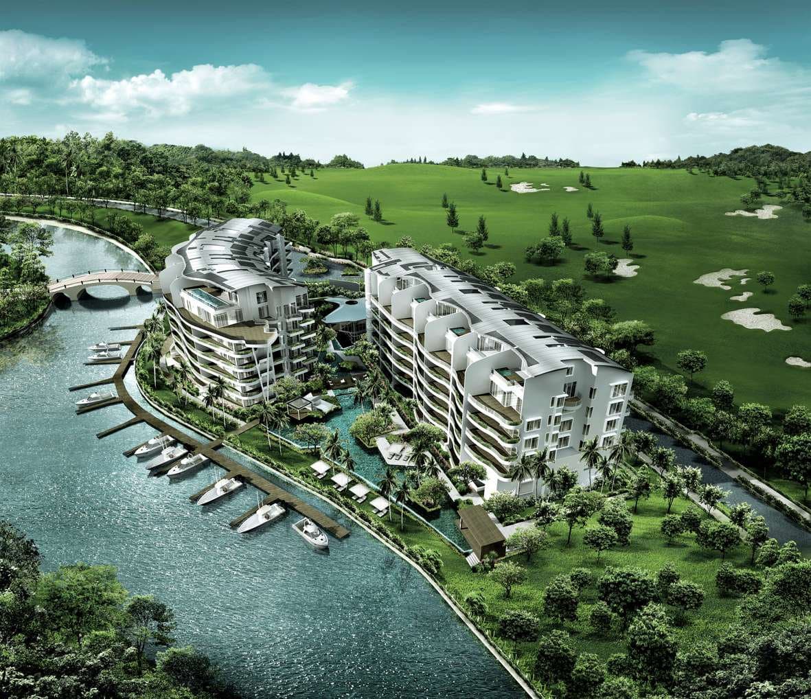 Turquoise: the two blocks on the Sentosa Cove waterway with the golf course behind