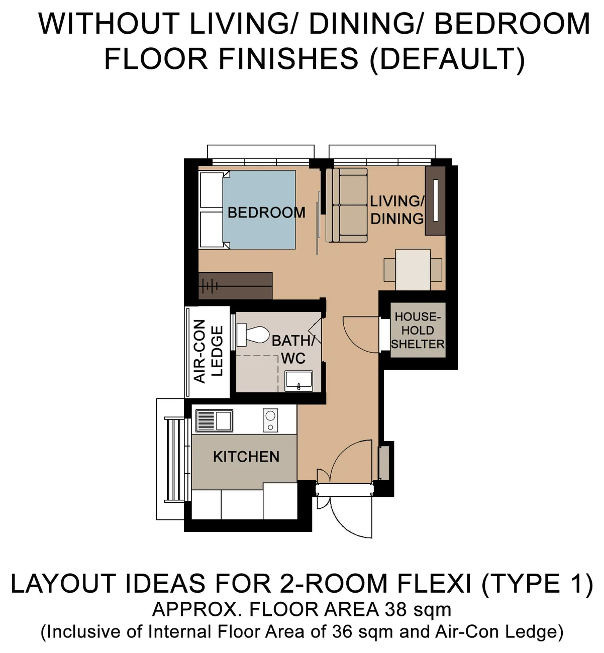 HDB floor plan of a 2-Room Flexi (Type 1) flat at Ubi Grove, about 38 sqm