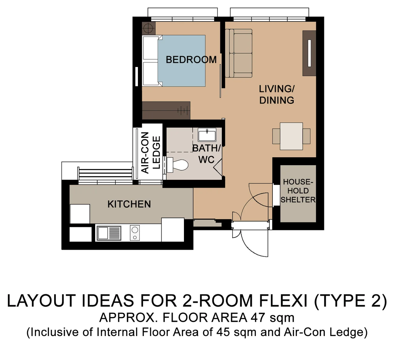 HDB floor plan of a 2-Room Flexi (Type 2) flat at Ubi Grove, about 47 sqm