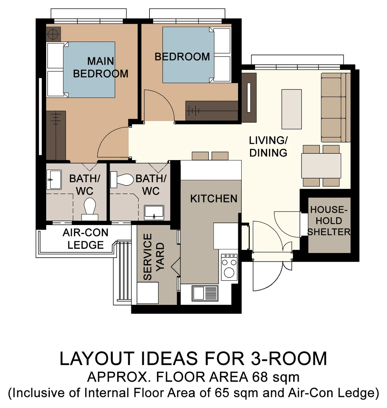 HDB floor plan of a 3-Room flat at Ubi Grove, about 68 sqm