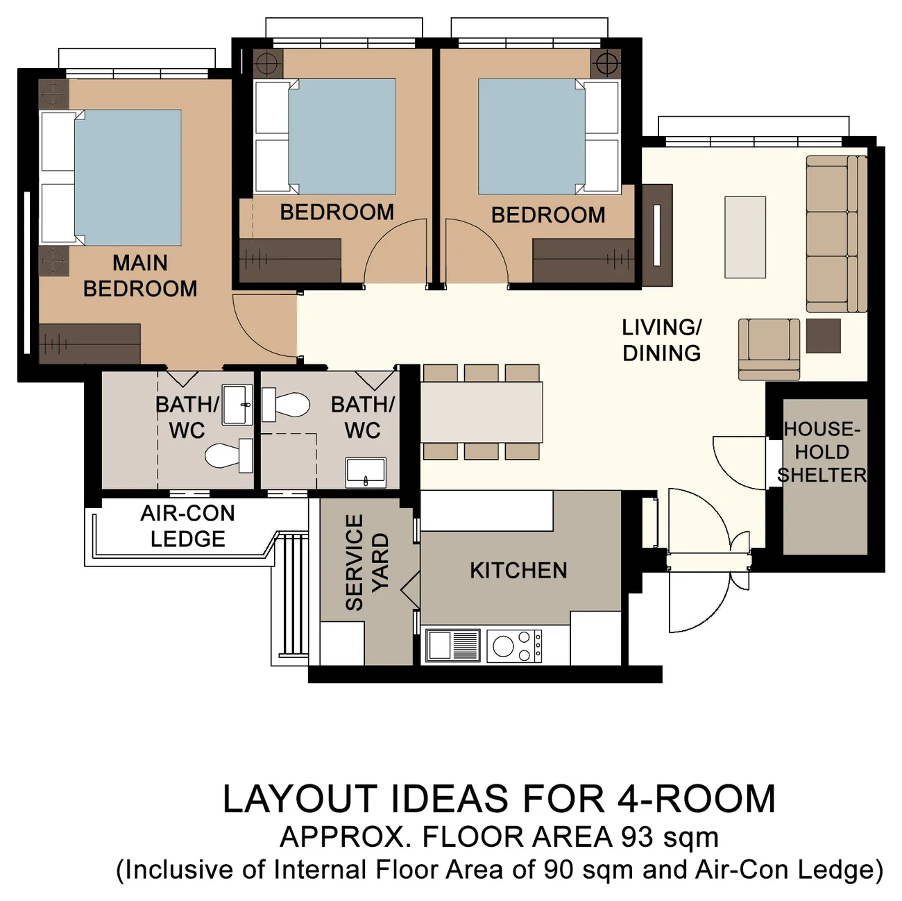 HDB floor plan of a 4-Room flat at Ubi Grove, about 93 sqm