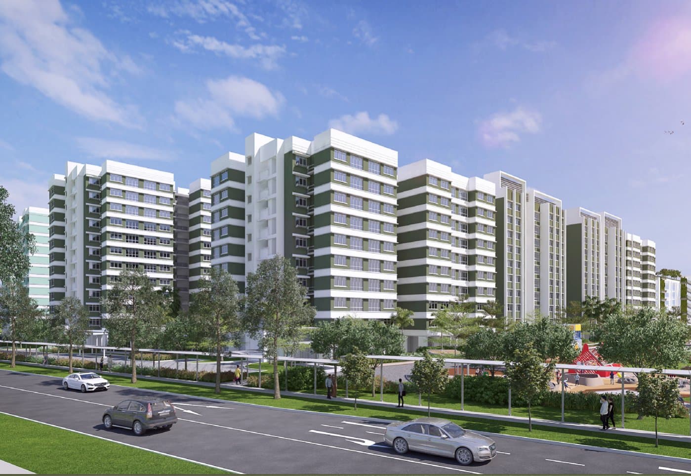 Artist's impression of Ubi Grove: white and green HDB blocks of 10 to 15 storeys behind a tree-lined road