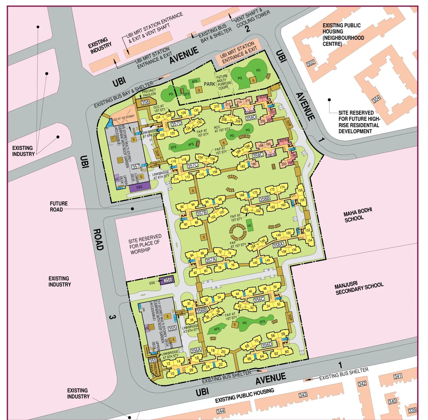 HDB site plan of Ubi Grove, blocks 356A, 356B, 356C, 356D, 357A, 357B, 357C, 357D, 358A, 358B, 358C and 358D