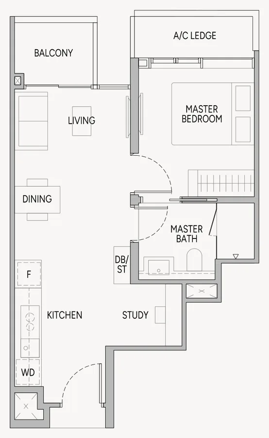Floor plan of Union Square Residences type A2S, 1-Bedroom + Study, 506 sq ft