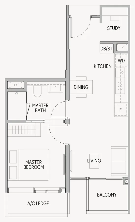 Floor plan of Union Square Residences type A3S, 1-Bedroom + Study, 506 sq ft