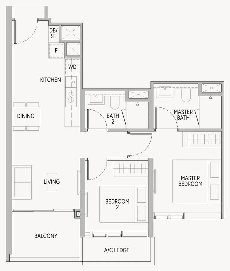 Floor plan of Union Square Residences type B1, 2-Bedroom, 710 sq ft