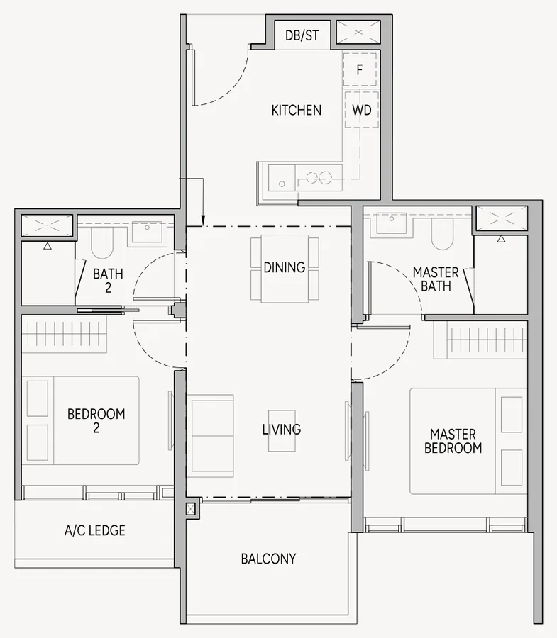 Floor plan of Union Square Residences type B2, 2-Bedroom, 700 sq ft