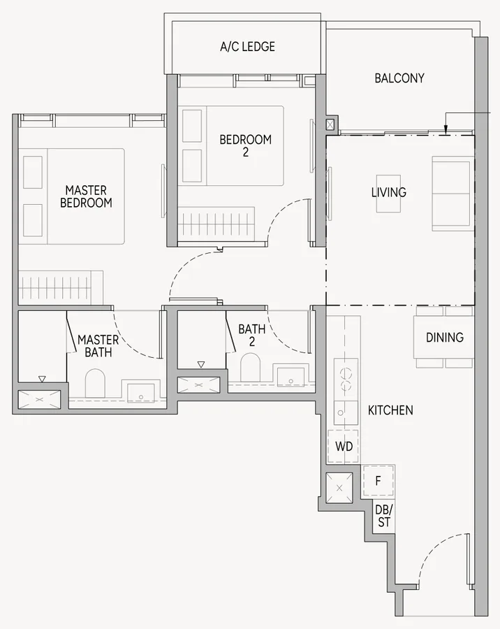 Floor plan of Union Square Residences type B3, 2-Bedroom, 721 sq ft