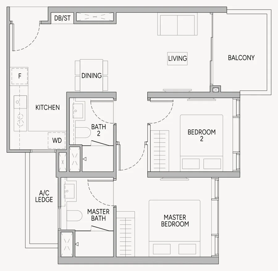 Floor plan of Union Square Residences type B4, 2-Bedroom, 732 sq ft