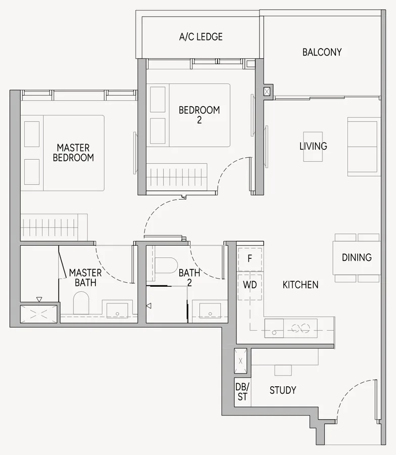 Floor plan of Union Square Residences type B5S, 2-Bedroom + Study, 743 sq ft