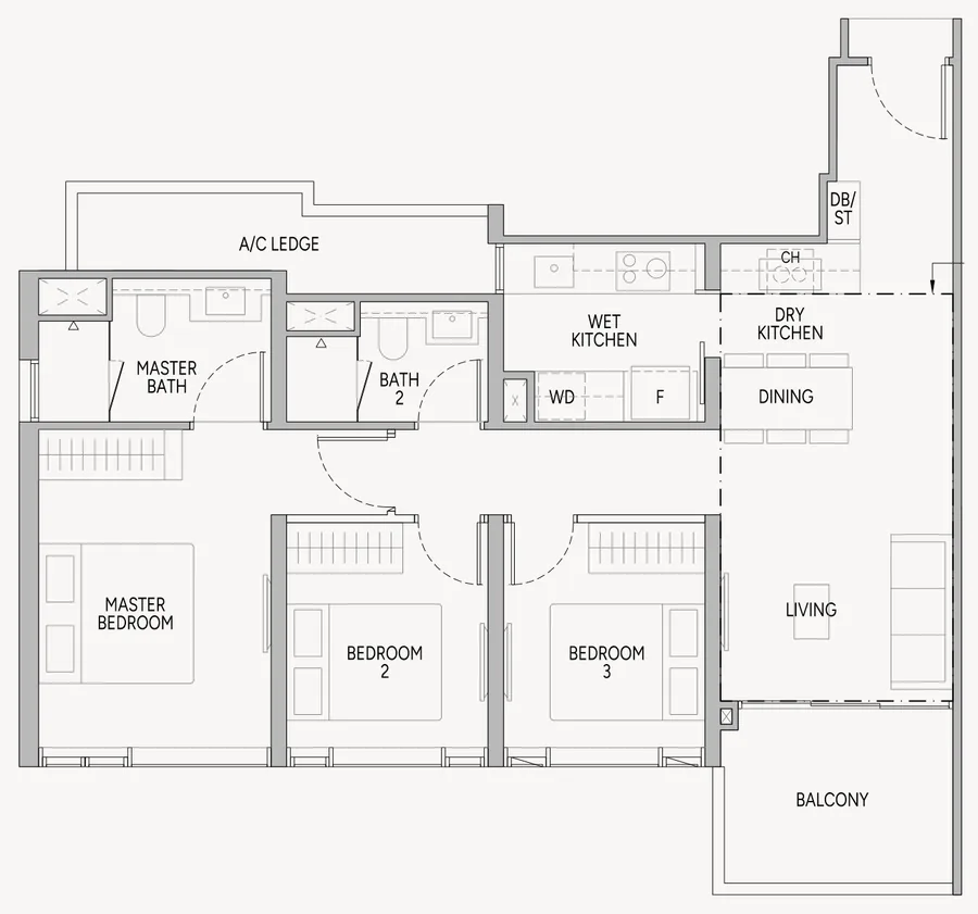 Floor plan of Union Square Residences type C1, 3-Bedroom, 990 sq ft
