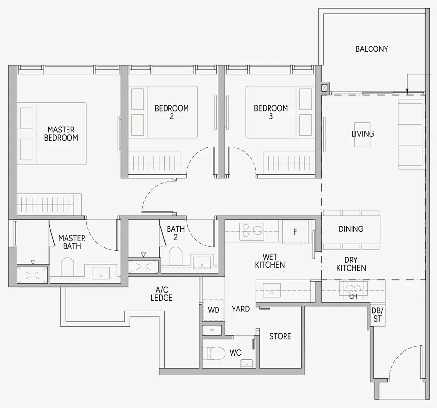 Floor plan of Union Square Residences type C2P, 3-Bedroom Premium, 1,066 sq ft