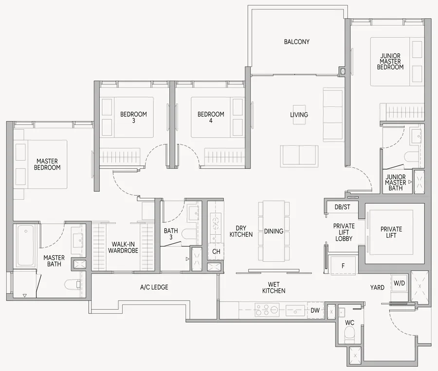 Floor plan of Union Square Residences type D1P, 4-Bedroom Premium, 1,518 sq ft