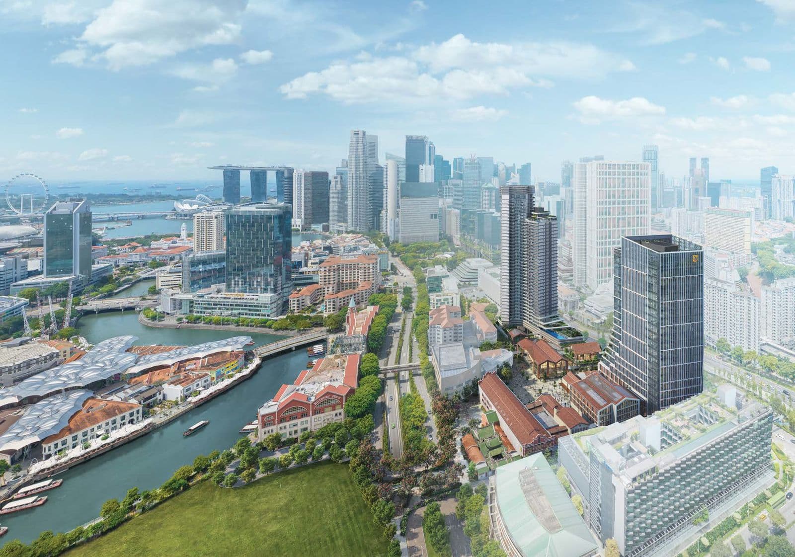 Artist's impression of Union Square from the air by day: the 40-storey residential tower and the glass office tower beside the Singapore River at Clarke Quay, with the city skyline and Marina Bay behind