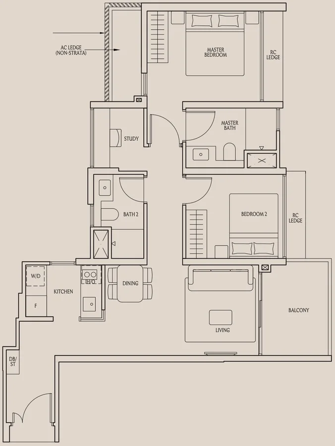 Floor plan of Upperhouse @ Orchard Boulevard type BPS2, 2-Bedroom Premium + Study, 764 sq ft