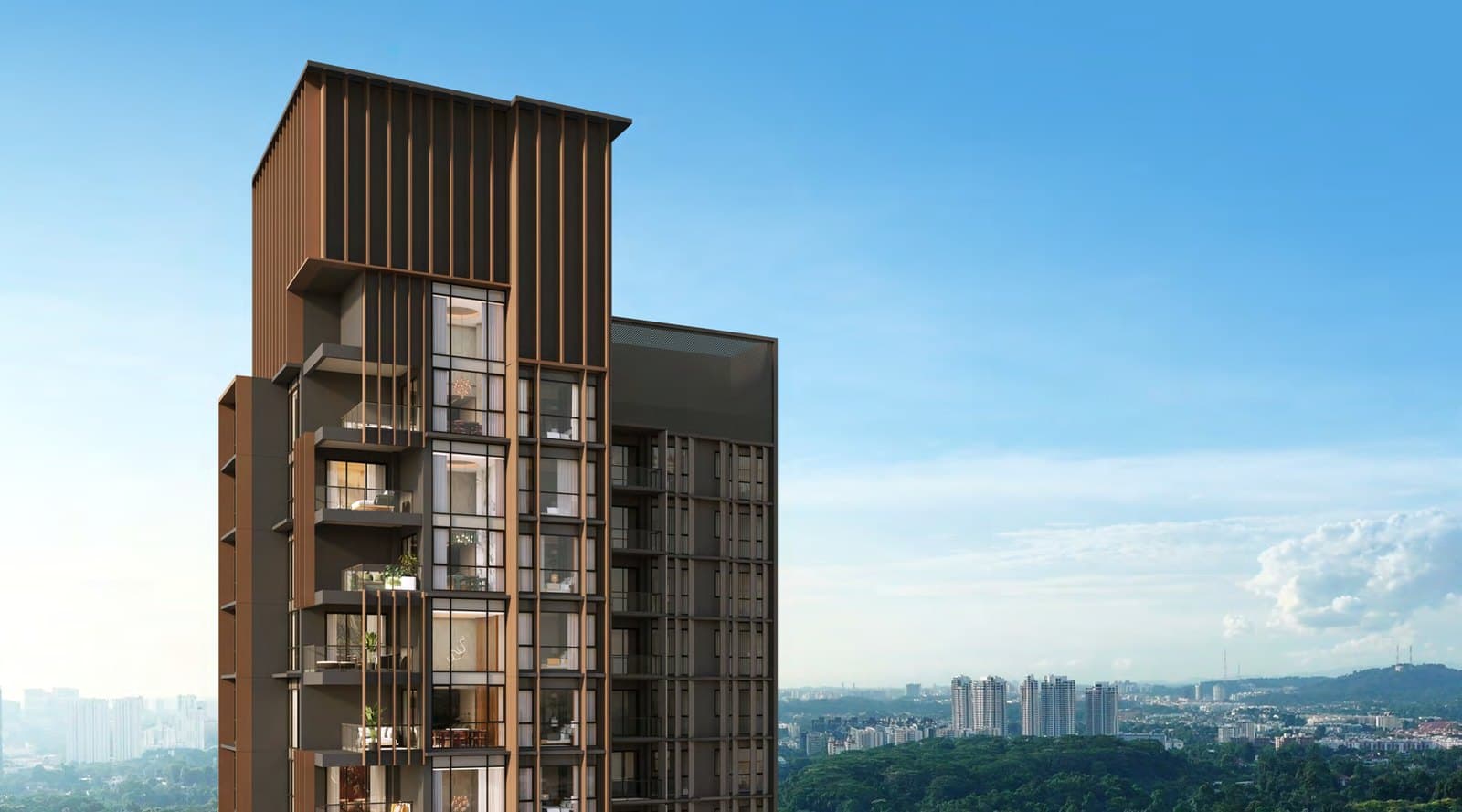 Artist's impression of UpperHouse at Orchard Boulevard: the top storeys of the bronze and charcoal tower against a blue sky, with the city's green belt behind