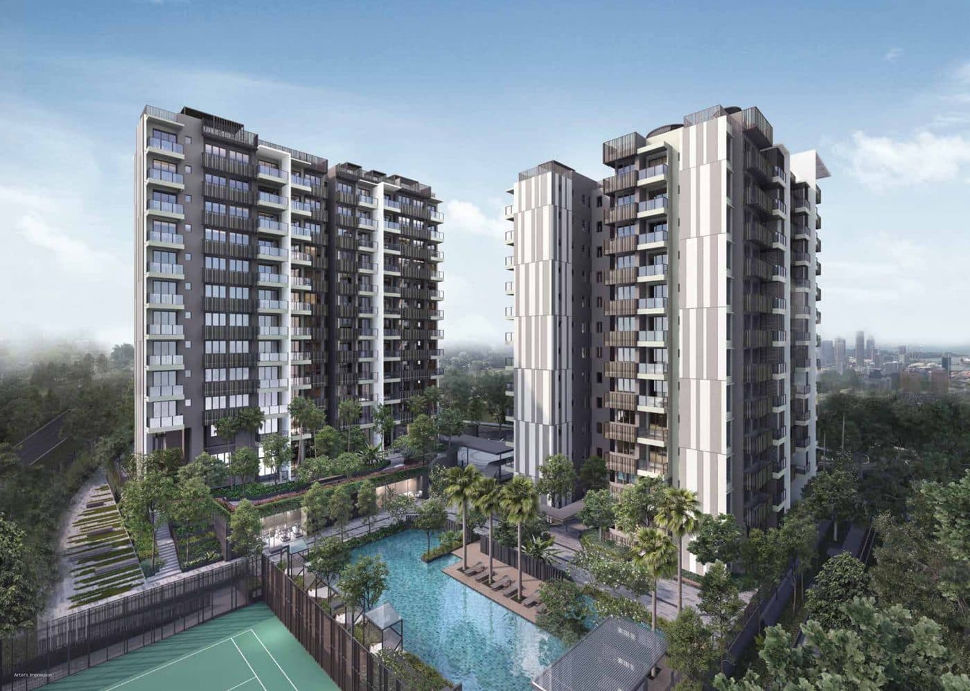 Artist's impression of Urban Treasures: the two 12-storey blocks on Jalan Eunos above the pool and tennis court