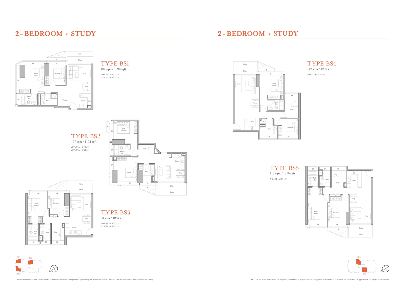 Floor plan of V on Shenton type BS1 / BS2 / BS3 / BS4 / BS5, 2-Bedroom + Study, 1,055 to 1,216 sq ft