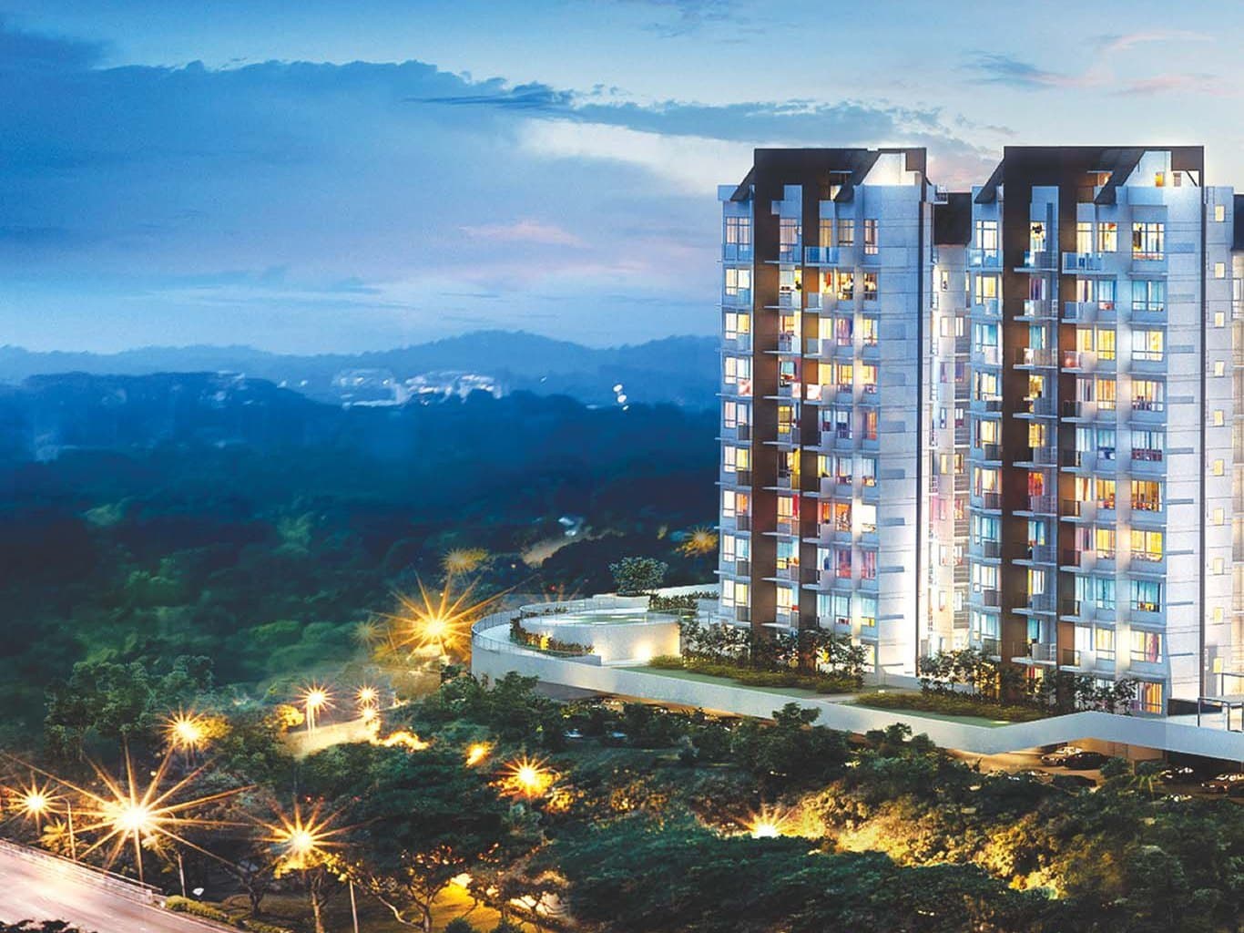 Vacanza @ East, artist's impression: two of the blocks at dusk above the trees