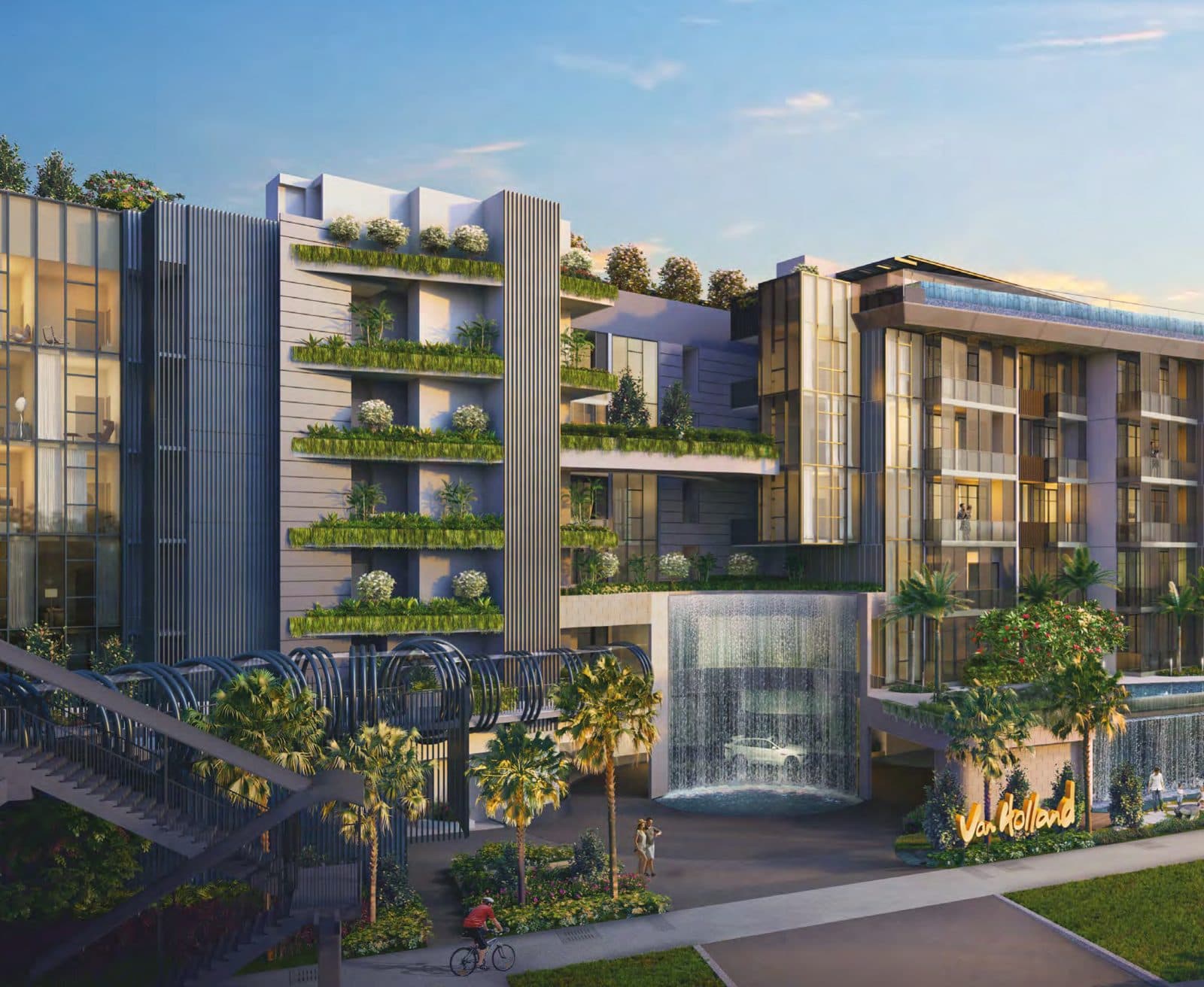 Artist's impression of Van Holland: the low-rise blocks and the drop-off waterfall seen from Holland Road at dusk