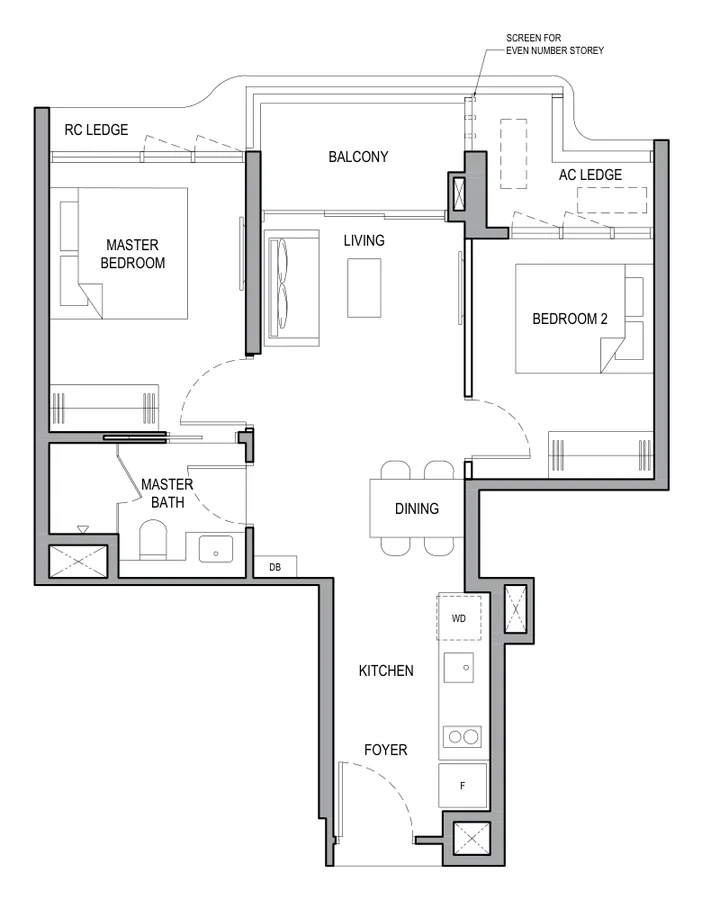 Floor plan of Vela Bay type 2BR (B), 2-Bedroom, 592 sq ft