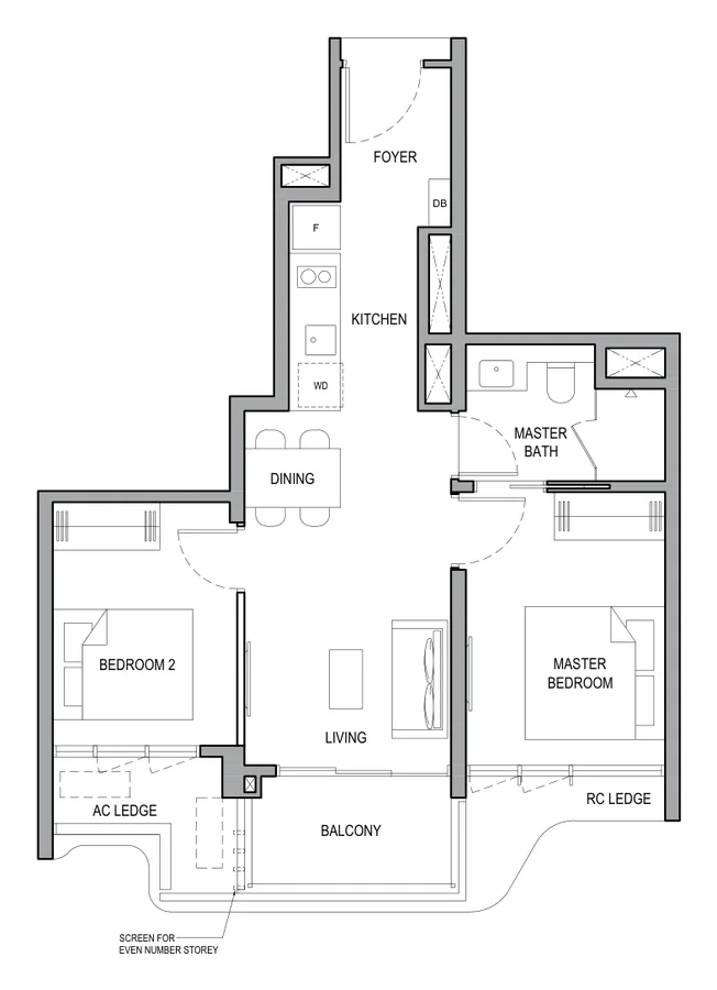 Floor plan of Vela Bay type 2BR (C), 2-Bedroom, 592 sq ft