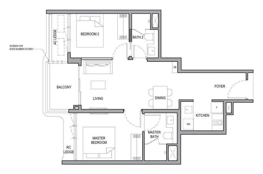 Floor plan of Vela Bay type 2BR P (C), 2-Bedroom Premium, 678 sq ft