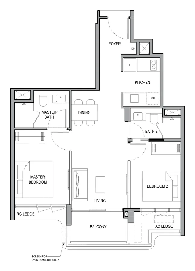 Floor plan of Vela Bay type 2BR P (D), 2-Bedroom Premium, 678 sq ft