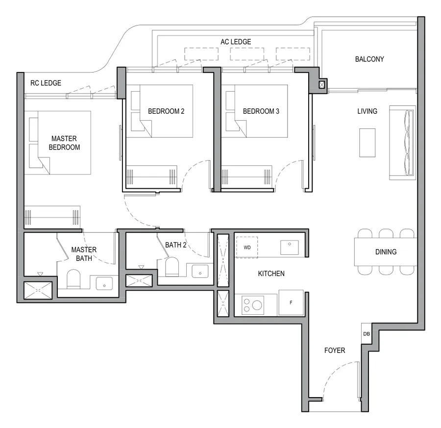 Floor plan of Vela Bay type 3BR (A), 3-Bedroom, 883 sq ft