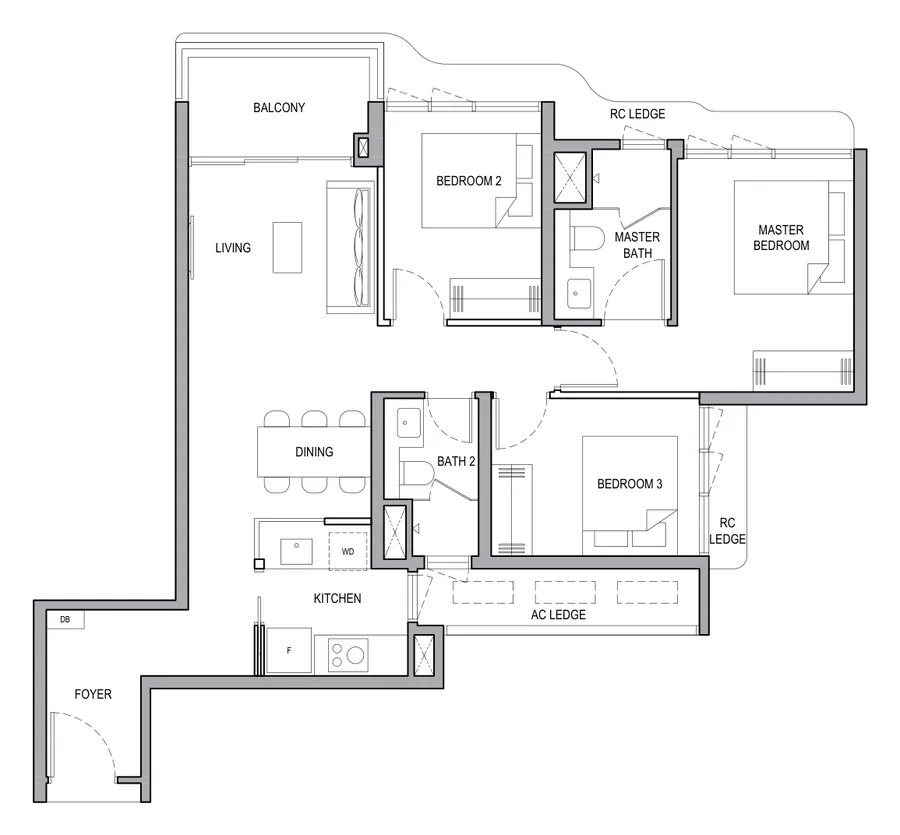 Floor plan of Vela Bay type 3BR (B), 3-Bedroom, 893 sq ft