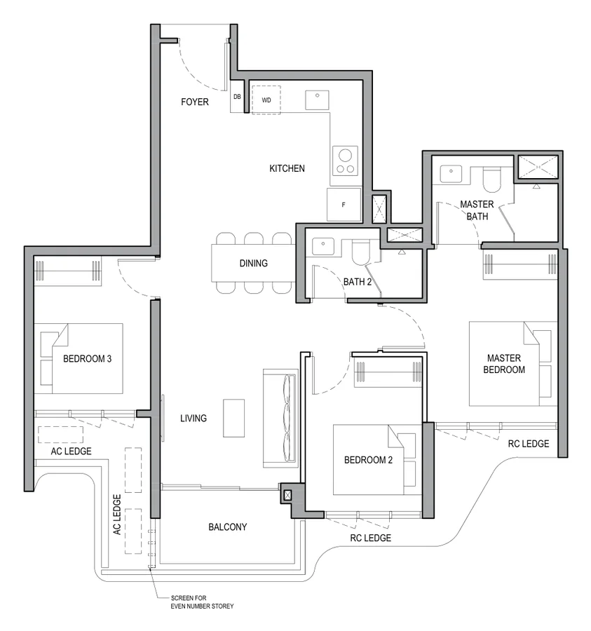 Floor plan of Vela Bay type 3BR (C), 3-Bedroom, 883 sq ft