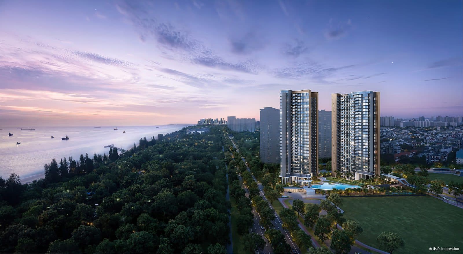 Artist's impression of the two Vela Bay towers at dusk, seen from the air, with East Coast Park and the sea beyond