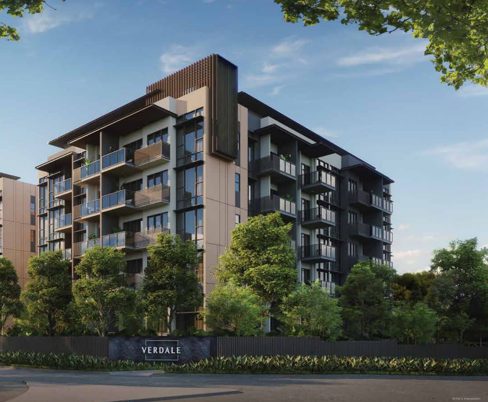 Artist's impression of Verdale: 5-storey blocks with glass balconies and timber screens behind a line of trees, seen from the road