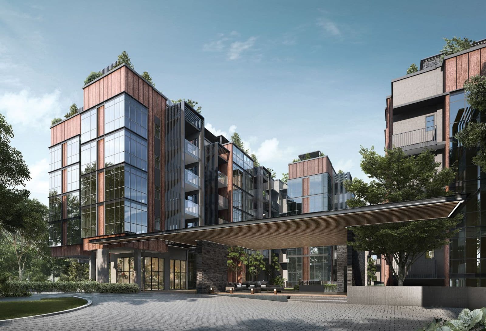Artist's impression of View at Kismis: the drop-off canopy with the 5-storey blocks in glass and timber-coloured cladding behind it