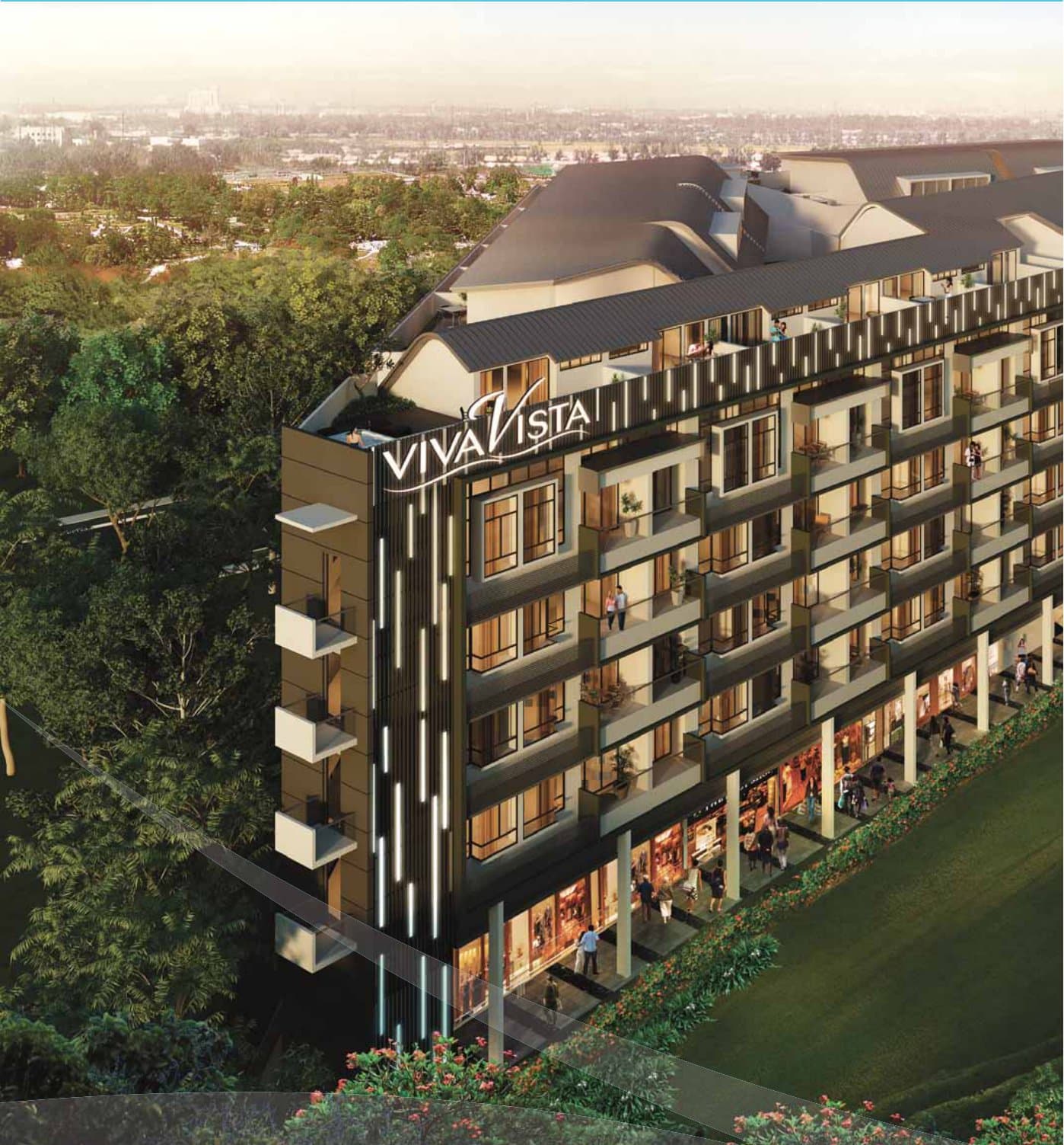 Viva Vista: the 5-storey block with its attic roofs above the ground-floor shops